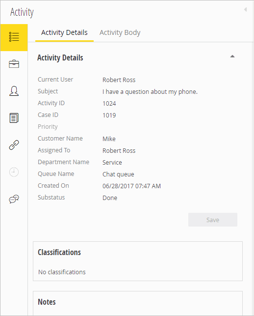 the Activity pane displays details specific to the activity