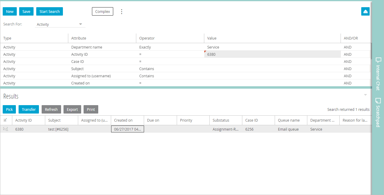 pick activity from search results list